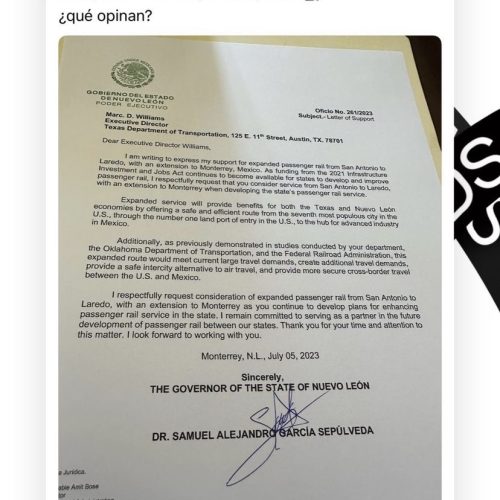 Gobernador de Nuevo León propone extender el proyecto del tren ligero hasta Monterrey
