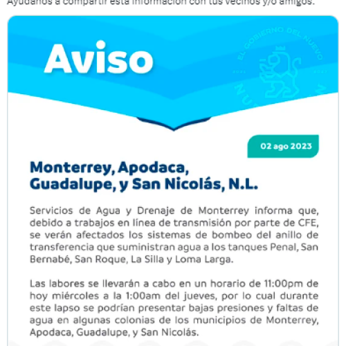 Interrupción del servicio de agua en Monterrey y municipios aledaños