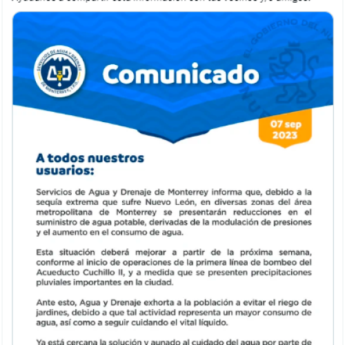 Agua y Drenaje de Monterrey anuncia reducción en el suministro de agua