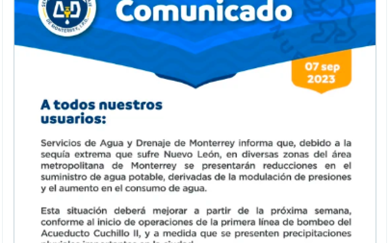 Agua y Drenaje de Monterrey anuncia reducción en el suministro de agua