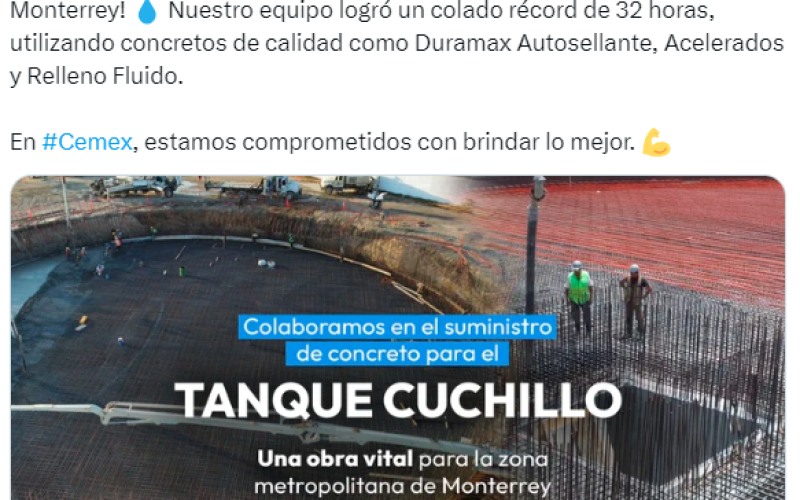 Cemex realiza colado masivo para asegurar abasto de agua en Nuevo León