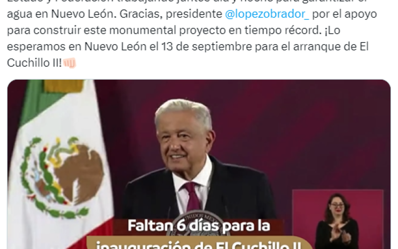López Obrador inaugurará Acueducto Cuchillo II
