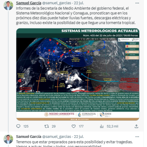 Samuel García advierte sobre posibles lluvias fuertes y sugiere limpiar el río Santa Catarina